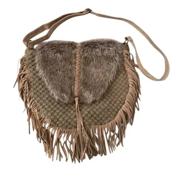 Boho Fringe Crossbody Bag Faux Fur Western Festival Indie Cowgirl Tan AZIZA - Picture 1 of 7